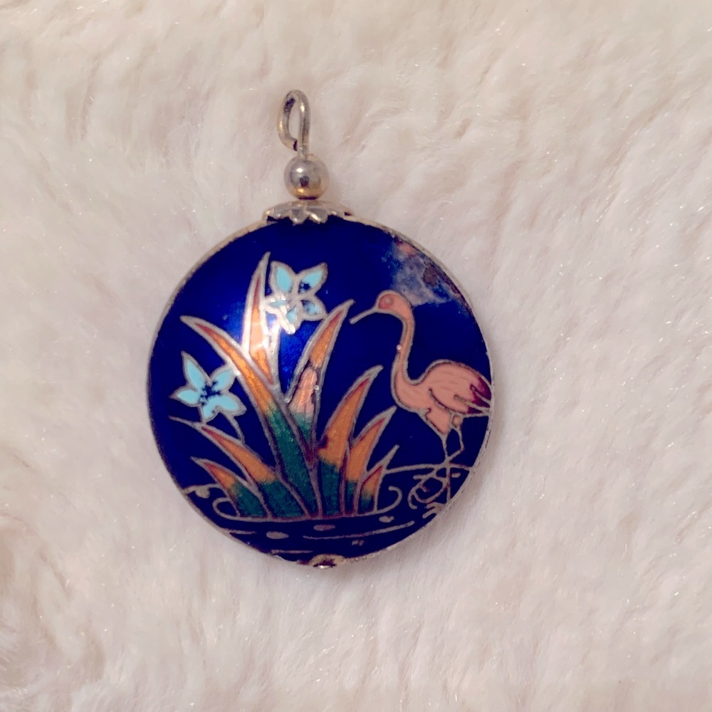 Cloisonné Pink Flamingo Blue Pendant